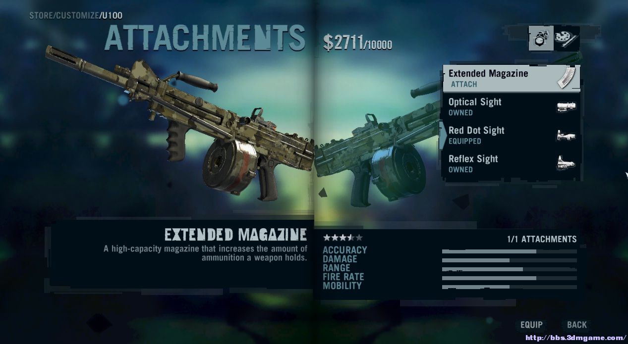 u100 伤害精准都高于pkm 可以加装一个武器组件,推荐扩展弹夹,毕竟